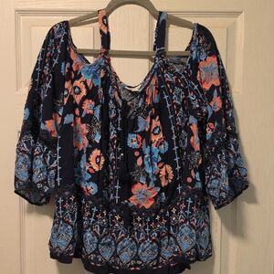 Women’s Navy Floral Cold-Shoulder Blouse